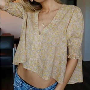 Urban Outfitters Flora Puff Sleeve V-Neck Blouse